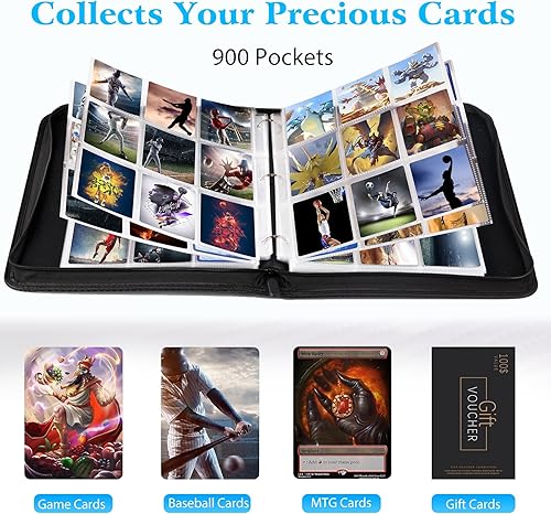 Miniatura 7 de WOT I Carpeta de tarjetas de intercambio, 900 bolsillos con cremallera, bolsillos de doble cara, funda para tarjetas de béisbol, tarjetas de fútbol