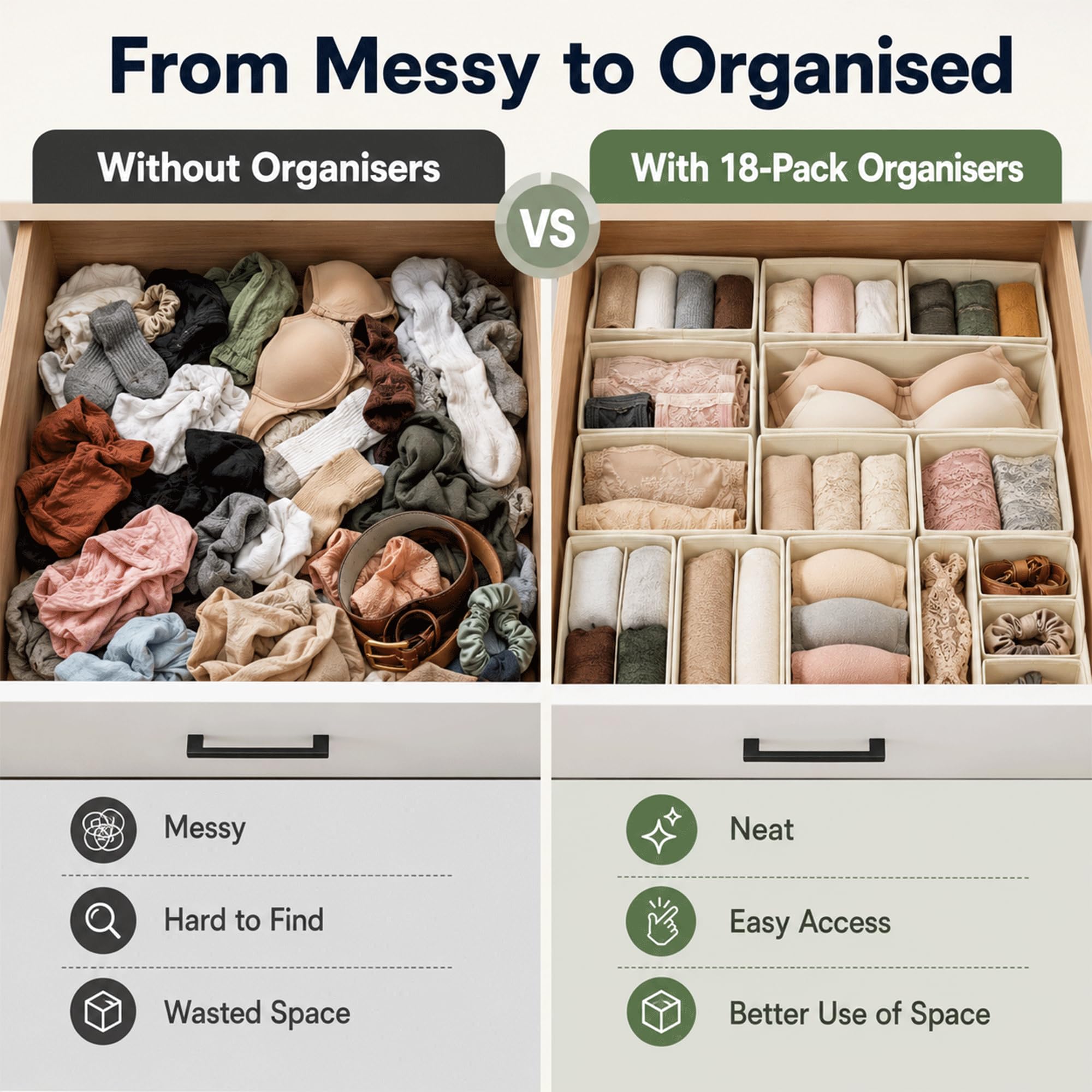 Set di 18 organizer per cassetti, divisori pieghevoli in tessuto per biancheria intima, calzini, reggiseni e vestiti per bambini, organizer salvaspazio per armadio e cassettiera, confezione da