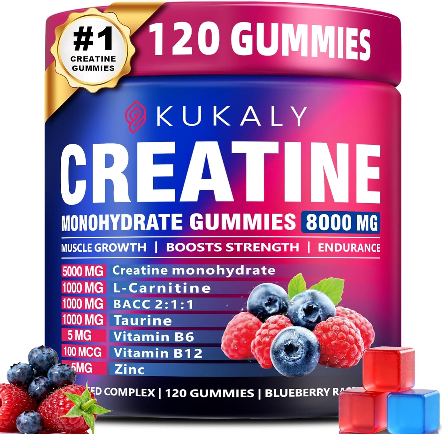 KUKALY Creatine Monohydrate Gummies for Men & Women, 8500MG Creatine Gummies Sugar Free Mixed Flavored with L-Taurine, BCAA 2:1, B12 B6 for Boost Strength, Focus & Endurance, Vegan, Non-GMO, 120pcs