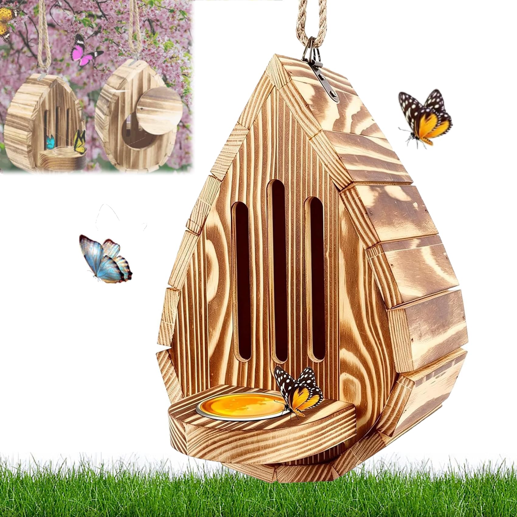 Butterfly House for Garden, Teardrop-Shaped Wooden Bee Butterfly Feeder with Puddler, Weatherproof Garden Yard Decor, For Bugs, Butterflies, Moths, Lacewings (A)
