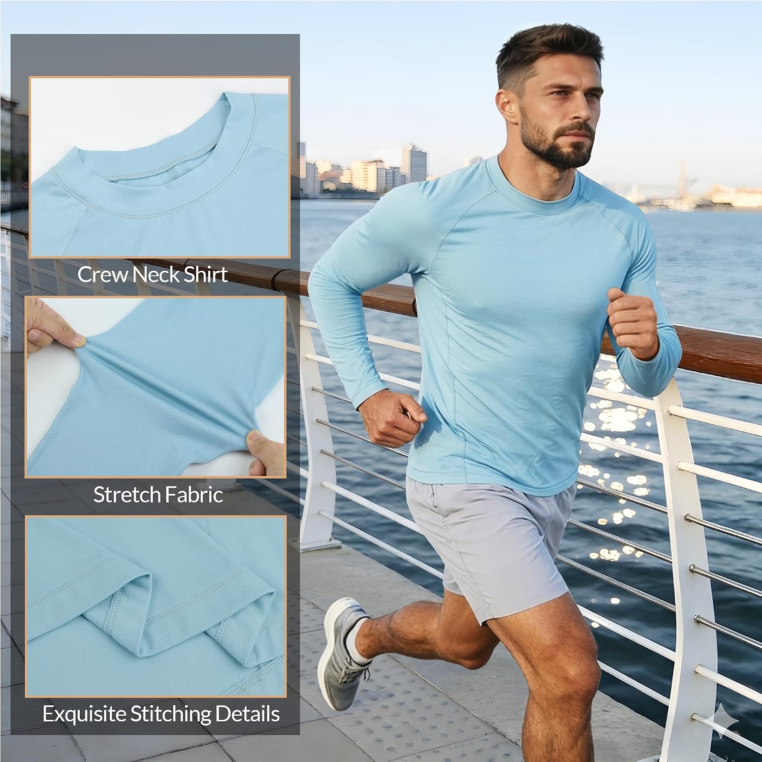 Long Sleeve Shirts for Men Moisture Wicking Workout T-Shirt Quick Dry Athletic Active Tees A-Sky Blue