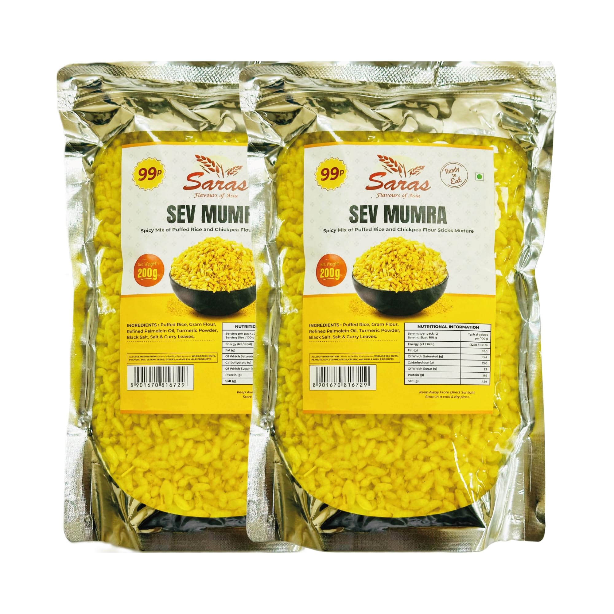 Saras Plain Sev Mumra 200g (Pack of 2) | Crunchy and Savory Indian Snack | Crispy and Flavorful