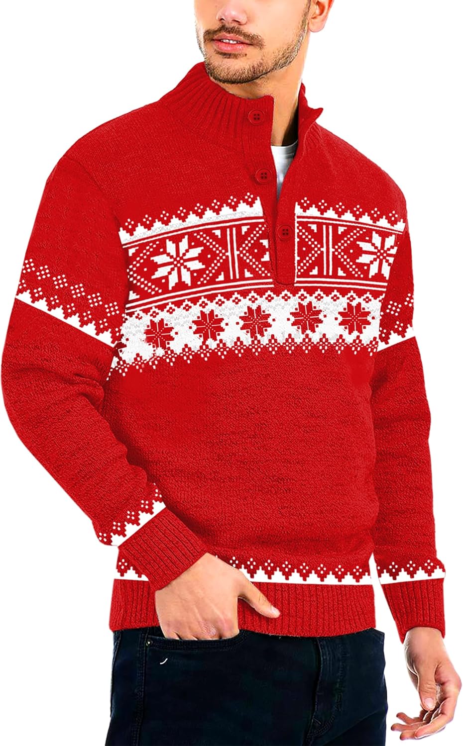 AOBUTE Mens Christmas Sweater Ugly Snowflakes Xmas Button Knitted Pullover - Image 4