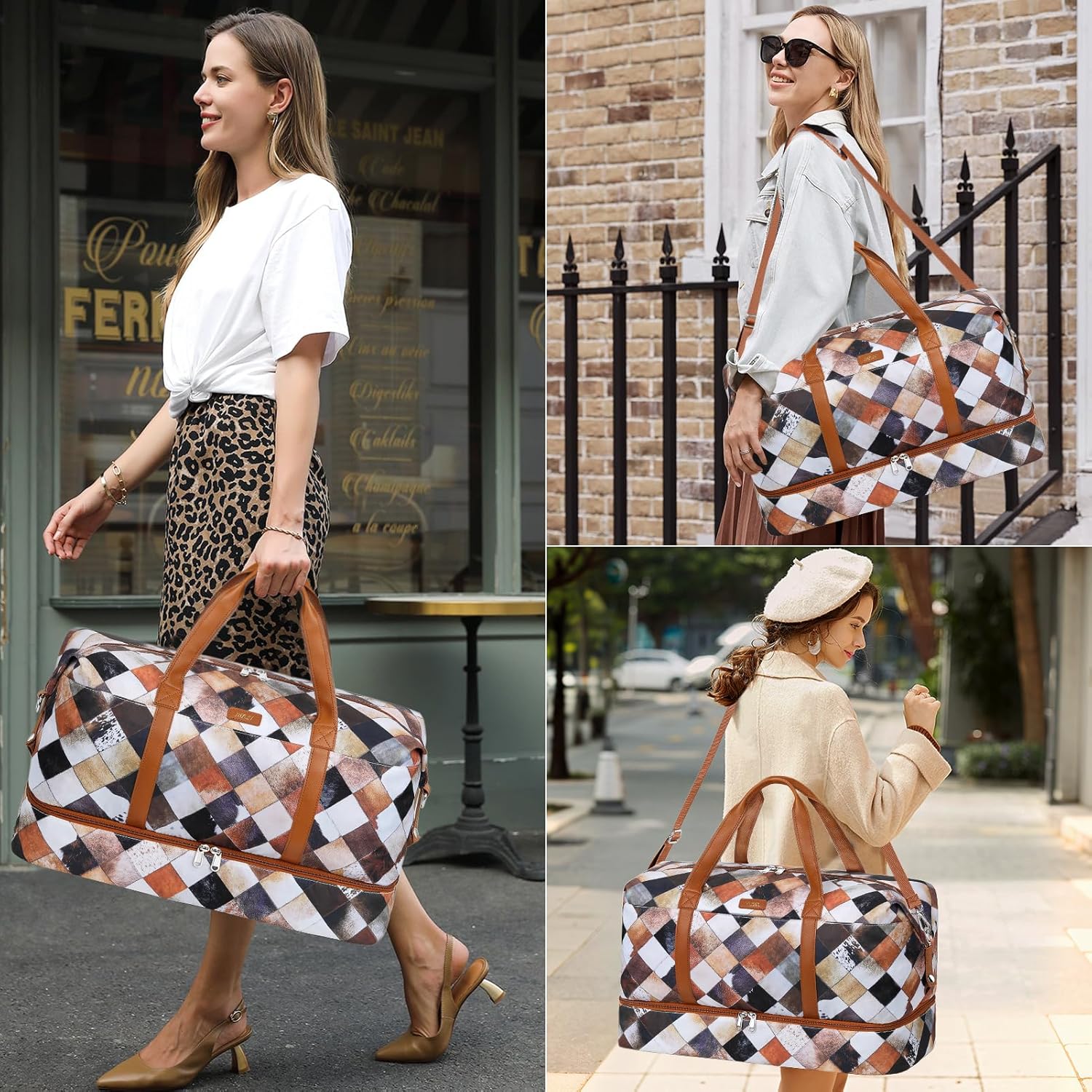 IBFUN Weekender Bags for Women, Travel Duffle Bag with Shoe Compartment Carry on Weekender Overnight Duffel for Weekend Travel Business Trip 3PCS - Image 2