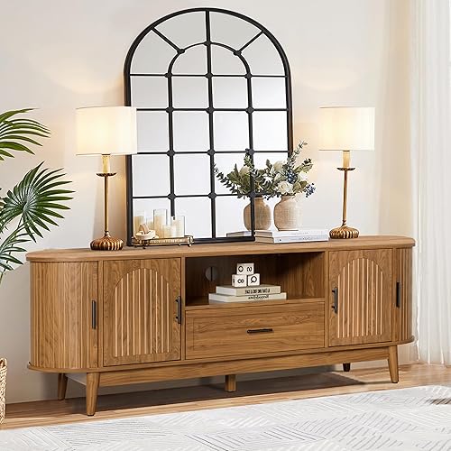 Miniatura 10 de Soporte de TV acanalado de 70 pulgadas para televisores de hasta 80 pulgadas, centro de entretenimiento moderno de mediados de siglo con cajones y