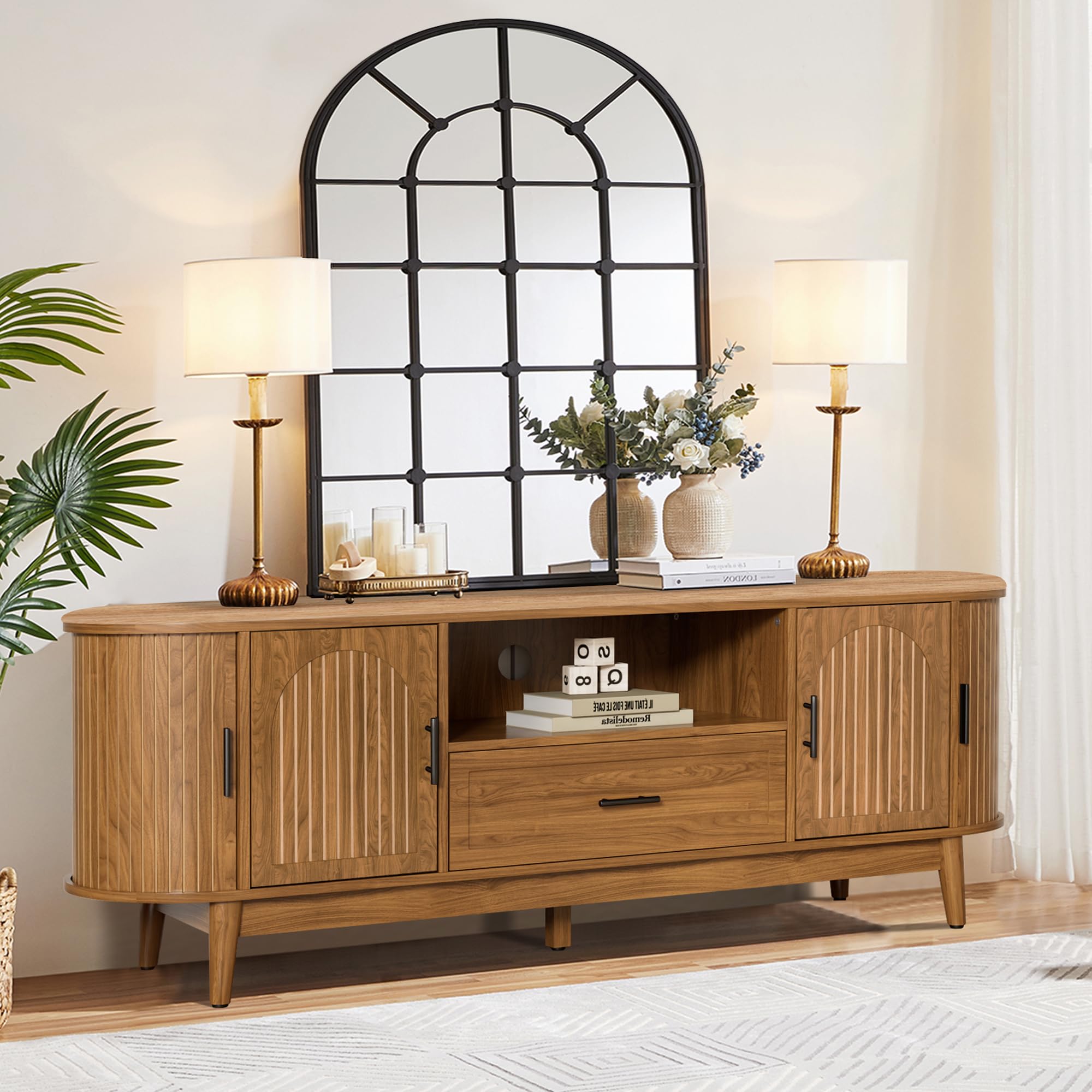 Mxtxmy 63" Fluted TV Stand for Tvs up to 70", Mid-Century Modern Entertainment Center with Drawers and Fluted Doors, Curved TV Media Console Table