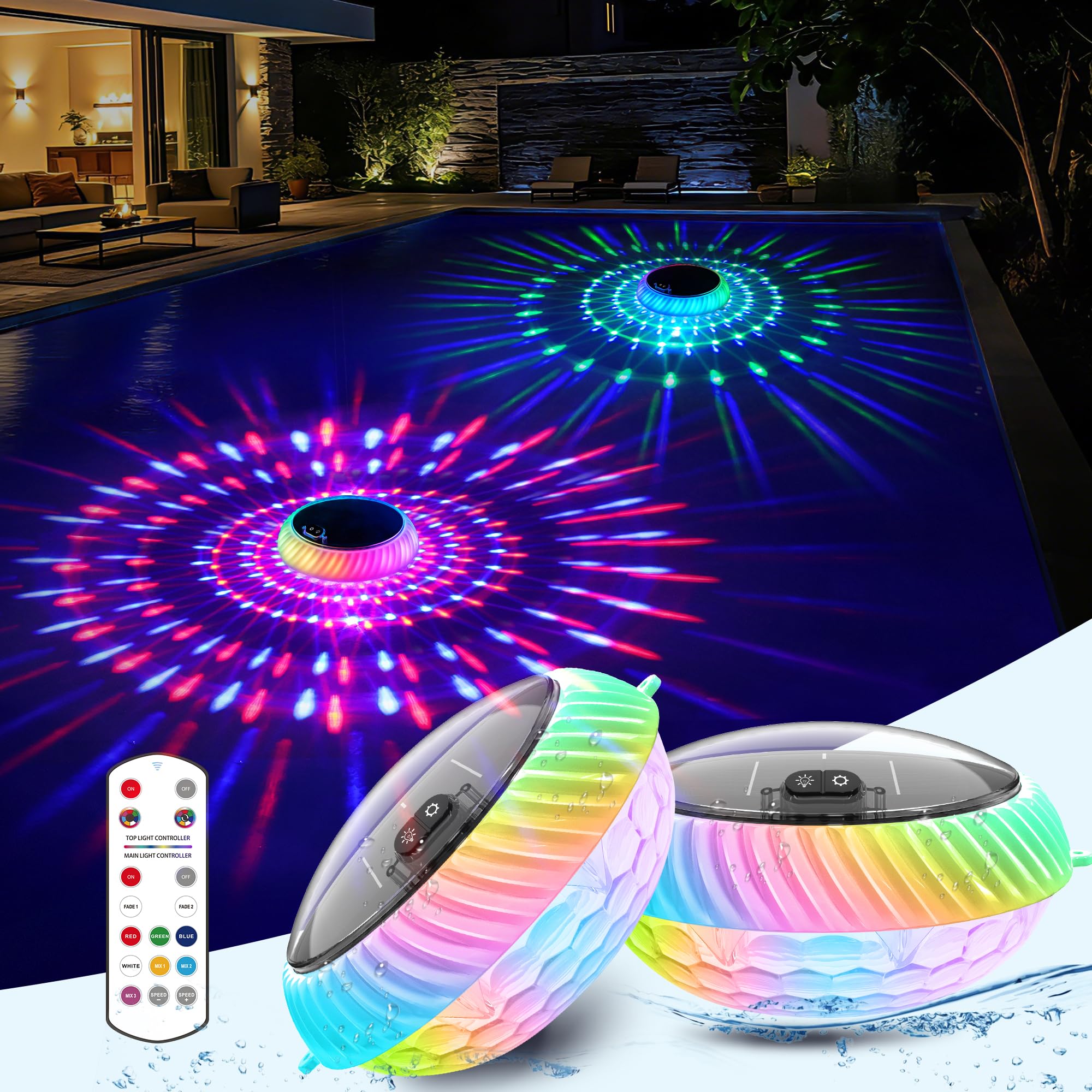 AearKing Luci Galleggianti per Piscina,Luce Piscina Solare con Telecomando,Luci Piscina RGB con Luminosi Dinamici,Luci Piscina IP68 Impermeabili,Luci Galleggianti LED per Piscina, Laghetti - 2 Pezzi