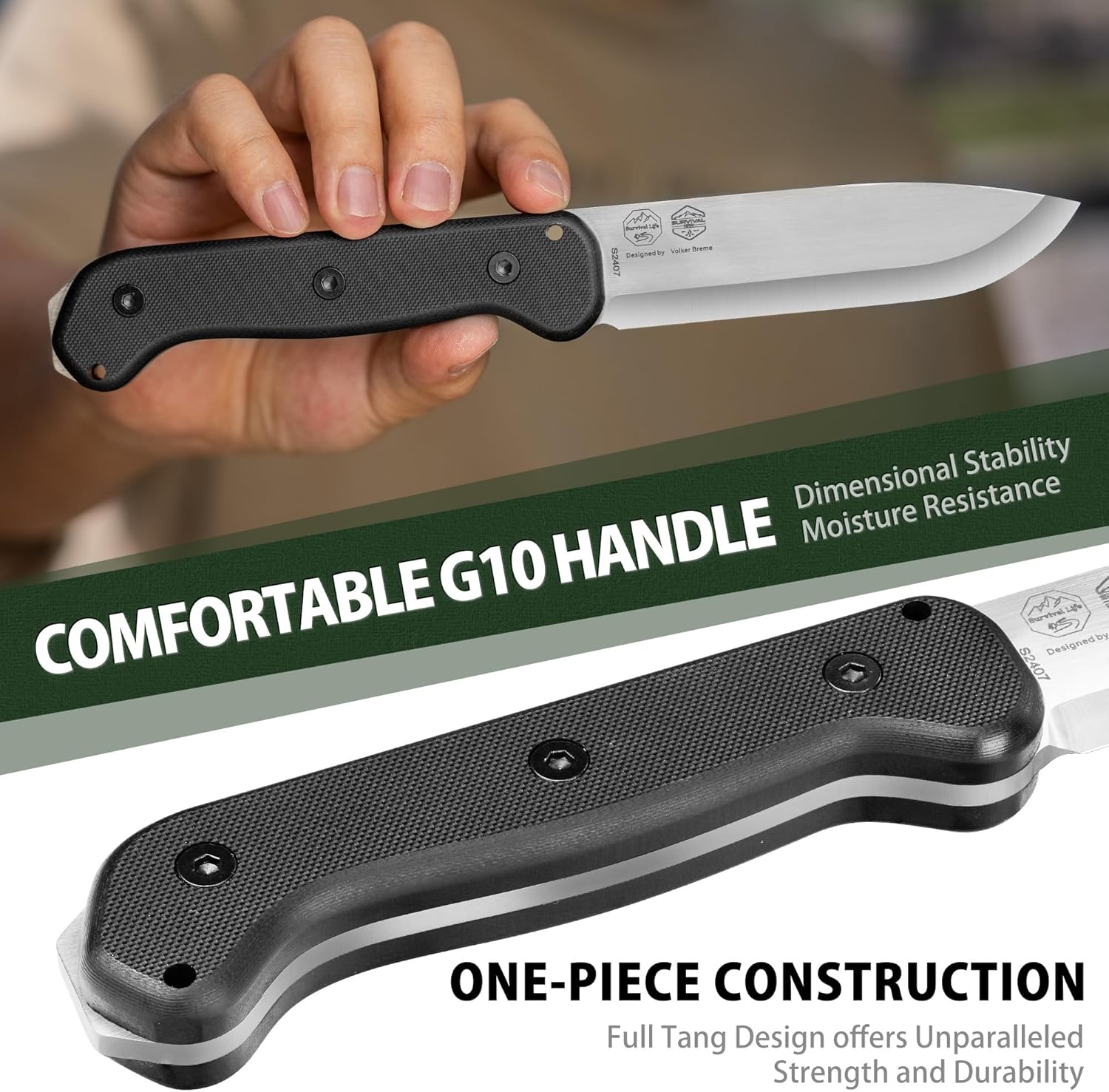 NedFoss SEALION Bushcraft Knife, 4.52" D2 Steel Full Tang Survival Knife with Fire Starter, G10 Handle, Kydex Sheath, Designed in Germany