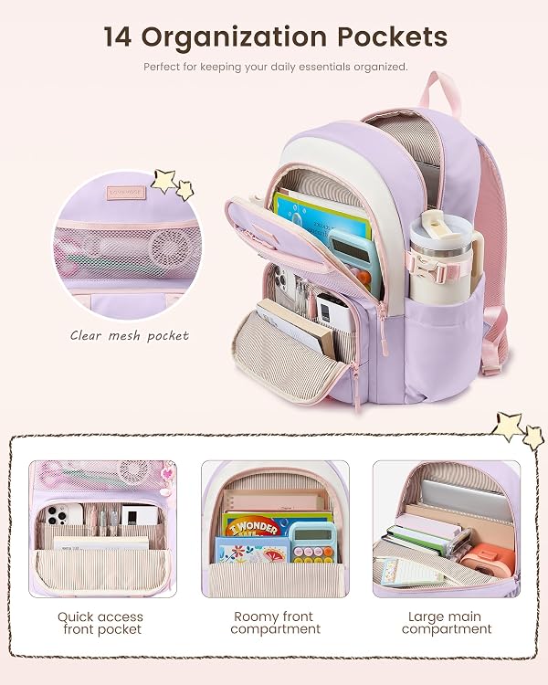 LOVEVOOK Cute School Backpack for Girls Ages 8-14, Bookbag with Cartoon Charms & Pins, Back to School Backpack for Elementary & Middle School, Fits 15.6 Inch Laptop and 40oz Tumbler by LOVEVOOK - Used condition - Image 3