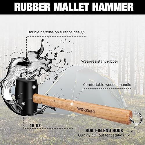 Miniatura 3 de WORKPRO Juego de estacas y martillo para tienda de campaña, martillo de goma de 16 onzas, mango de madera, 10 estacas de metal resistente y bolsa de