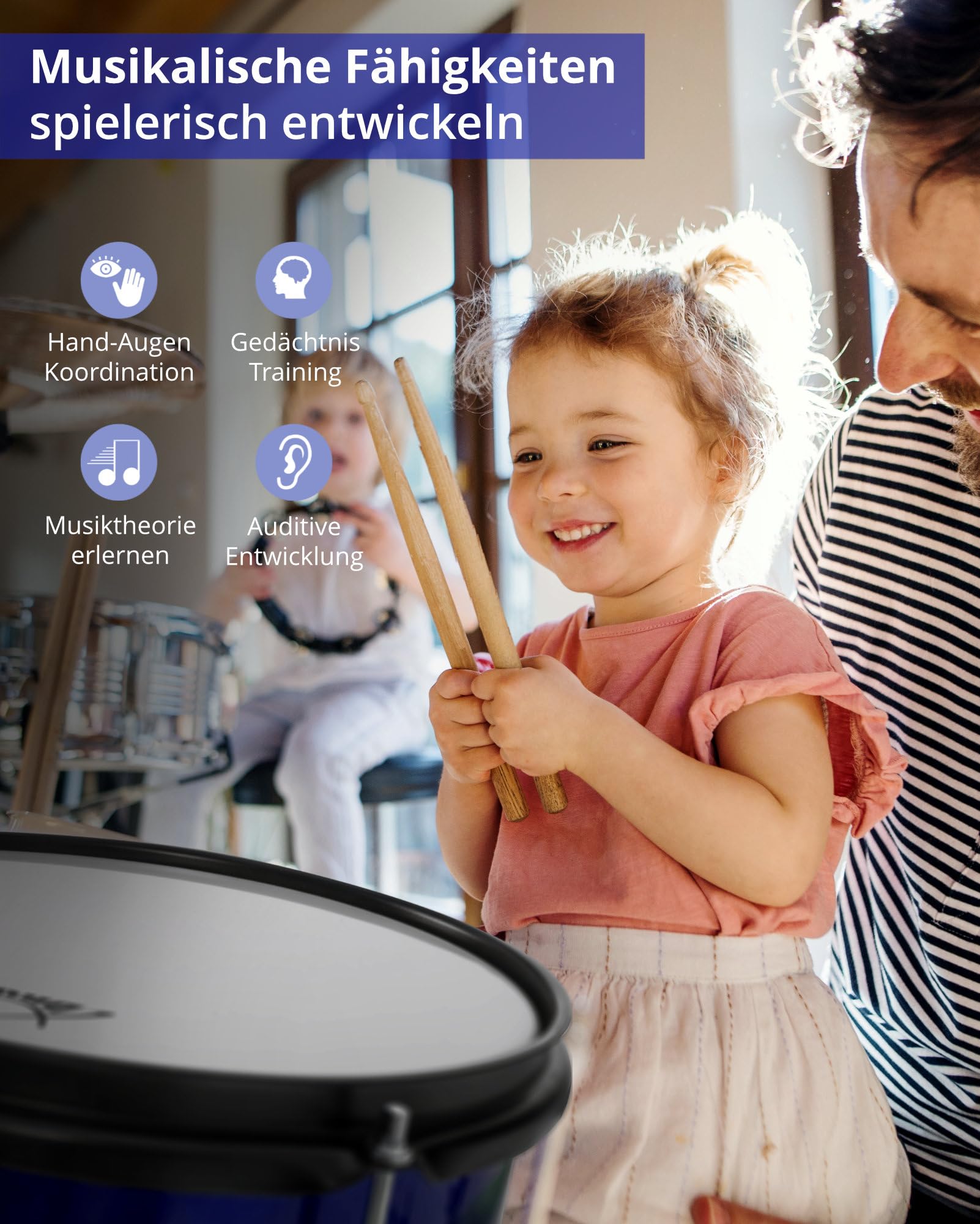 XDrum Junior KIDS Schlagzeug inkl. Schule - Kompaktes Kinderschlagzeug - Für Kinder im Alter von 3-5 Jahren - Kinderleichter Aufbau - Mit Schule, Hocker, Drumsticks & Stimmschlüssel - Blau