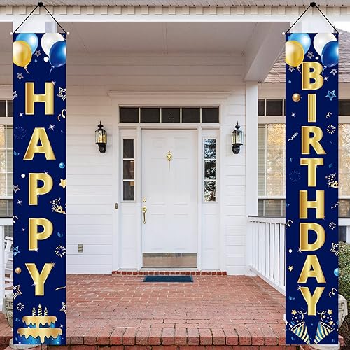 Miniatura 4 de Cartel de feliz cumpleaños para puerta de cumpleaños azul marino y dorado para hombres y mujeres, cartel de feliz cumpleaños, suministros de fiesta,