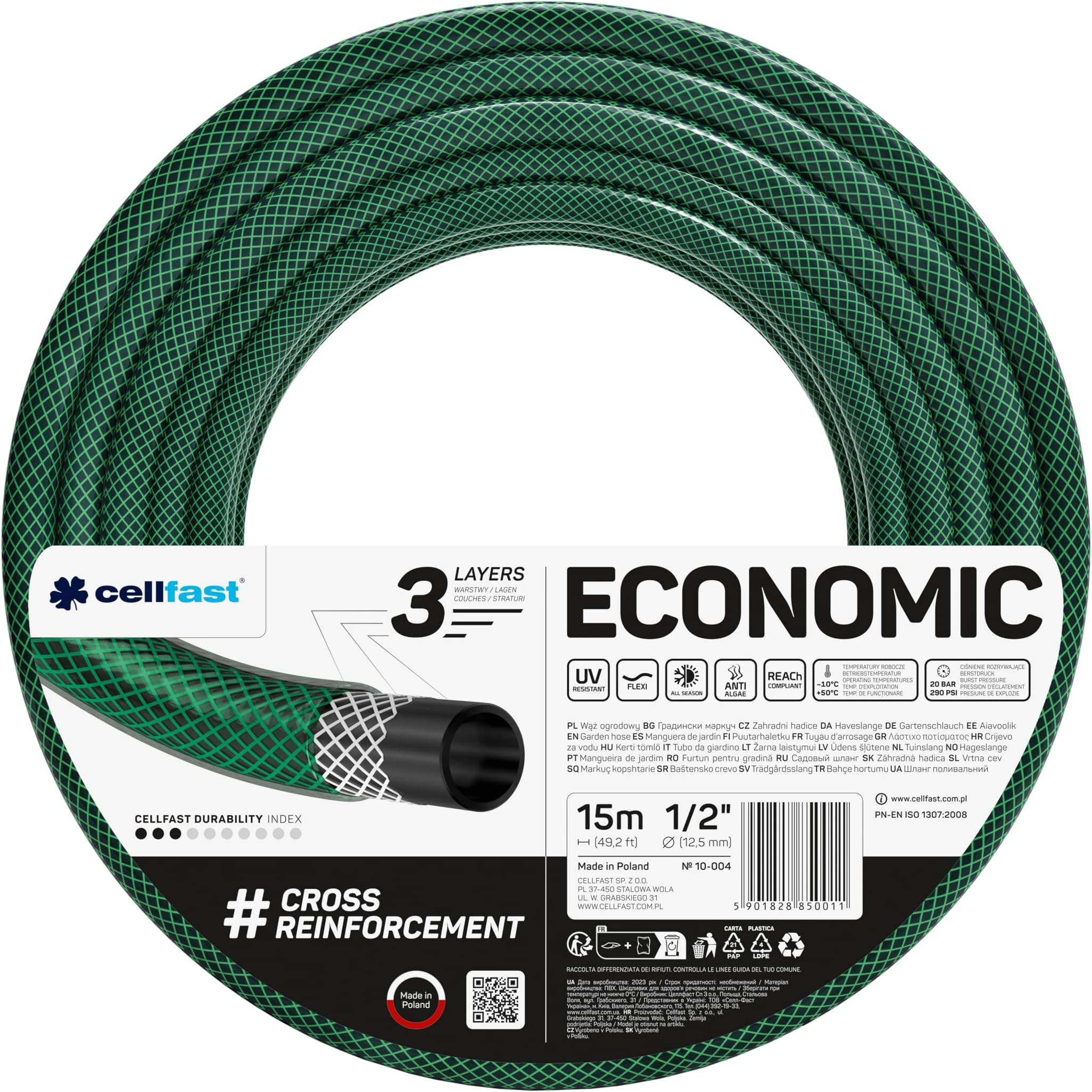 Cellfast Garden Hose ECONOMIC 1/2" 15m, Flexible and Three-layer Hose, Resistance to UV, Internal Part Resistant to Algae, 10-004