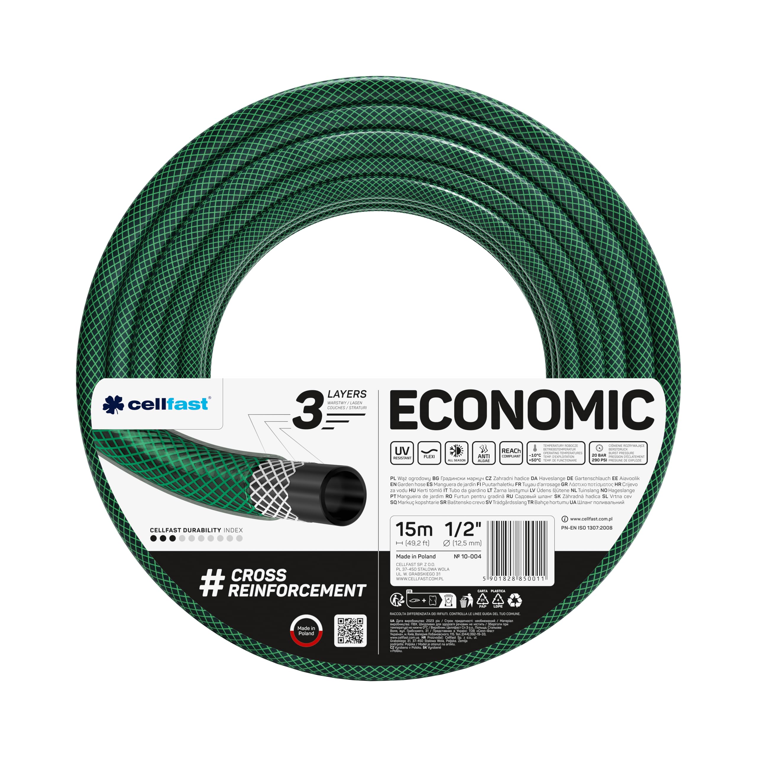 Cellfast Garden hose ECONOMIC elastic and flexible 3-layer water hose made of polyester cross fabric, resistant to UV rays and algae deposits, 20 bar bursting pressure, 15 m, 1/2 inch, 10-004