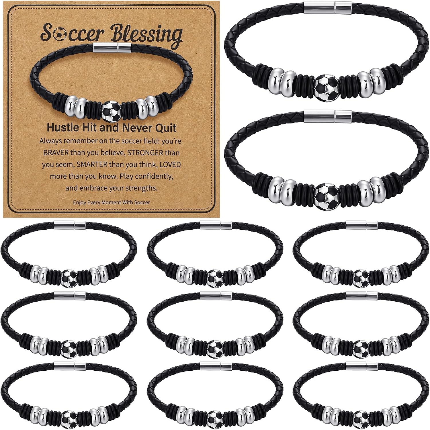 Sureio 12 Pcs Father Day Soccer Bracelet Gift Black Leather Soccer Party Favors Charm Bracelet Jewelry Sport Team Accessories with Inspirational Card Senior Night Gift for Sport Lover Athlete Birthday