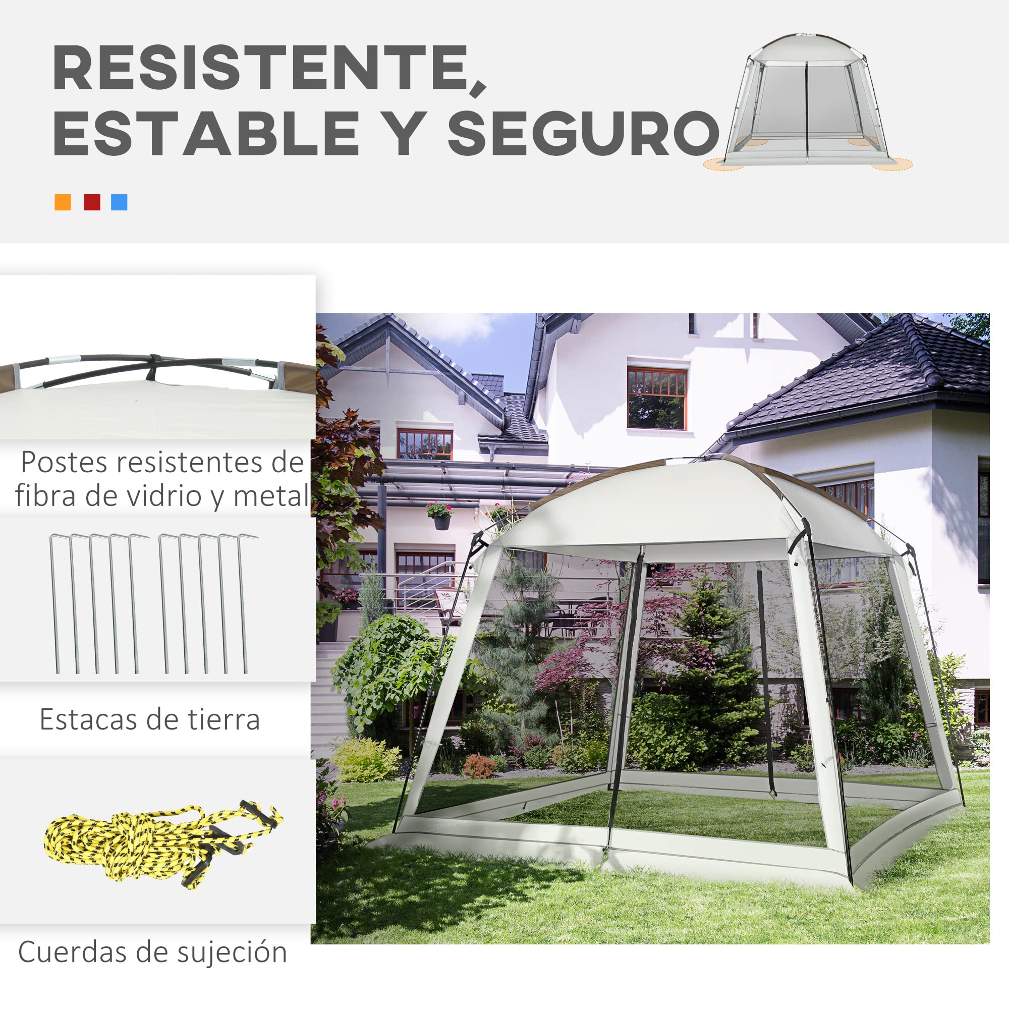 Outsunny Carpa de Jardín 3x3 m para 6-8 Personas con 4 Mosquiteras Blanco | Cenador, 2 Puertas, Protección UV50+, Bolsa de Transporte, Carpa para Camping Terraza Patio Exterior