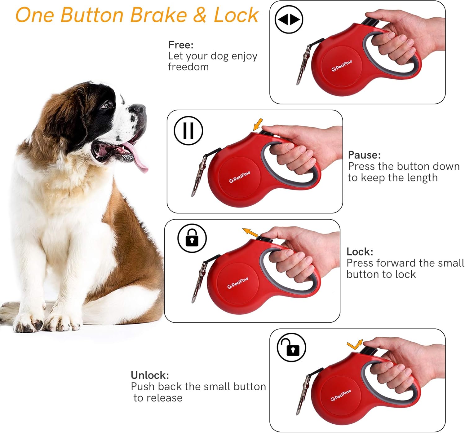 PetiFine Retractable Dog Leash with Dispenser and Poop Bags, 16ft Heavy ...