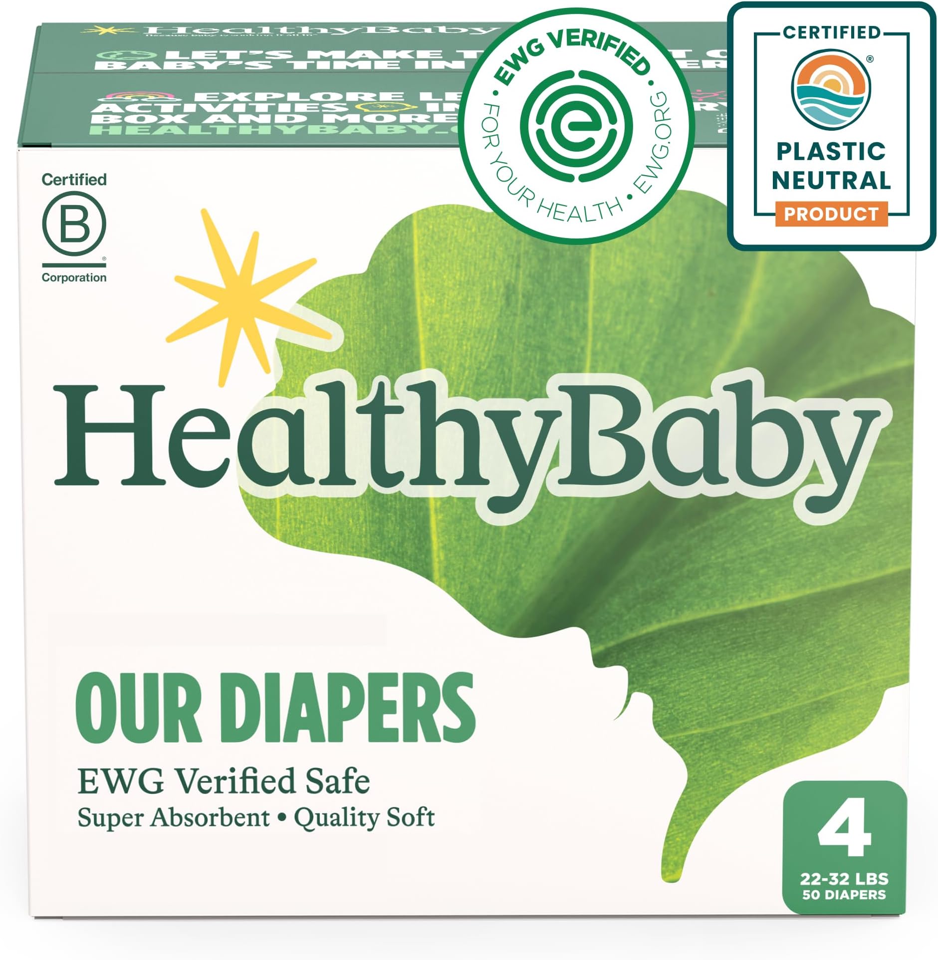 HealthybabyOur Diapers | EWG Verified Safe & Plant-Based Diapers | Leak Protection | Soft Organic Cotton Shell | Chlorine-Free Diaper for Sensitive Skin | Size 4 (22-32 lbs) 50 Count