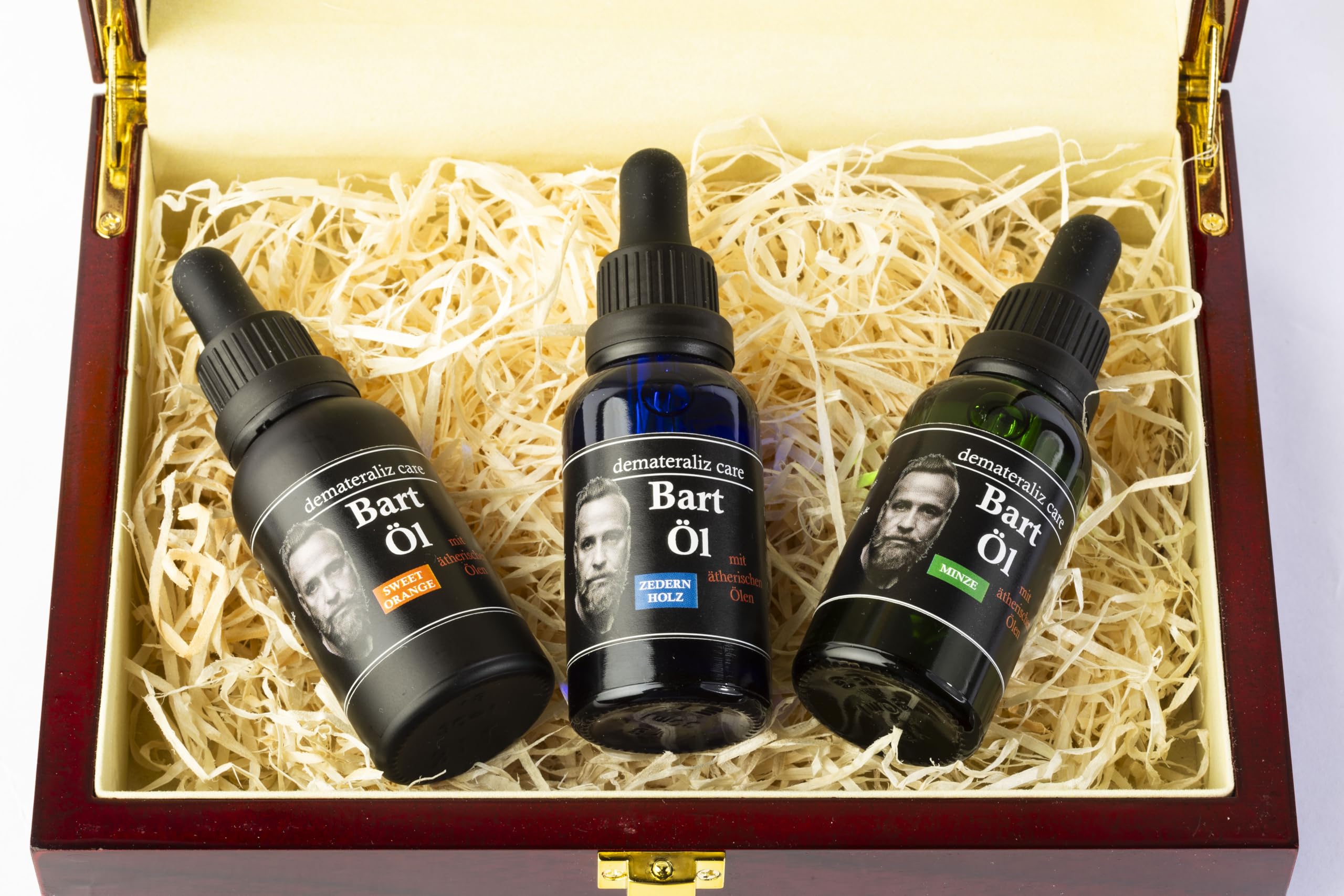 Bartöl Geschenkset, 3 Düfte (Sweet Orange, Minze, Zedernholz), Luxus-Holzbox