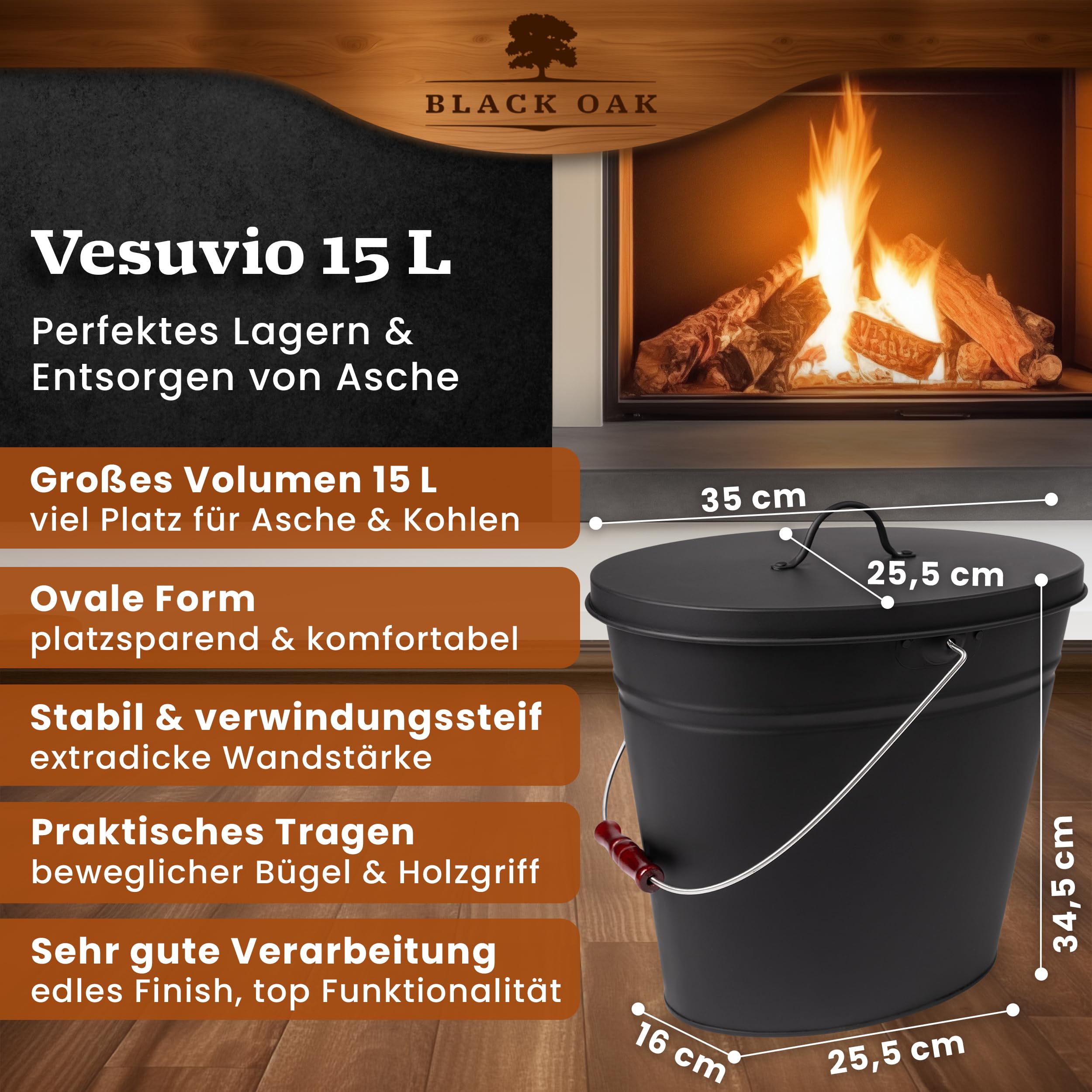 BLACK OAK Secchio per cenere Vesuvio 15L – nero ovale con coperchio - grande 15 litri - in acciaio resistente al fuoco zincato e verniciato a polvere, ideale per cenere e carbone, accessorio perfetto
