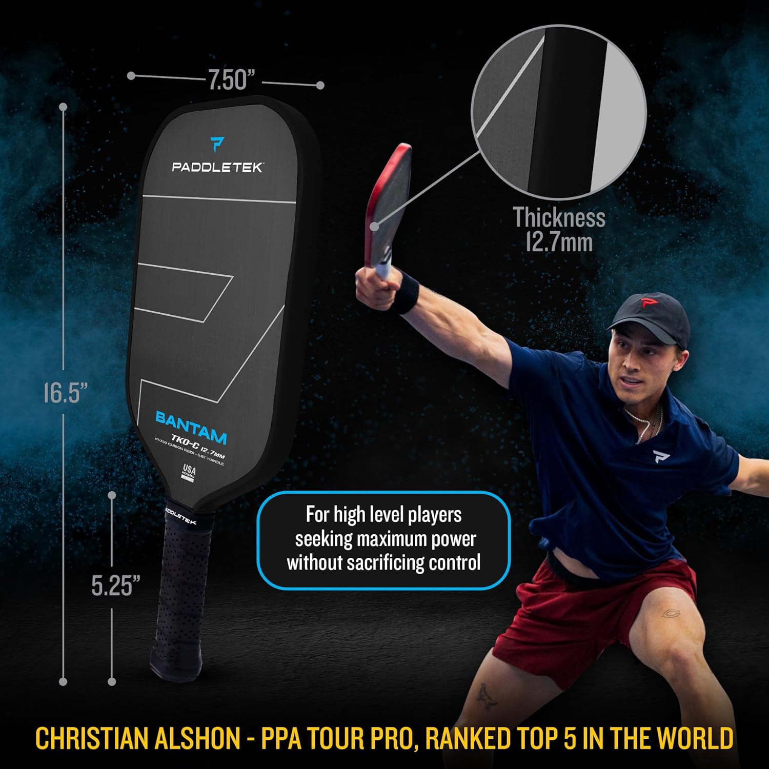 Paddletek Bantam TKO-C 12.7mm Pickleball Paddles with Polymer Honeycomb Core - Unidirectional Carbon Fiber – Torsional Weighting & High Tack Performance Grip - USAPA Approved - 5.25 Inch Handle