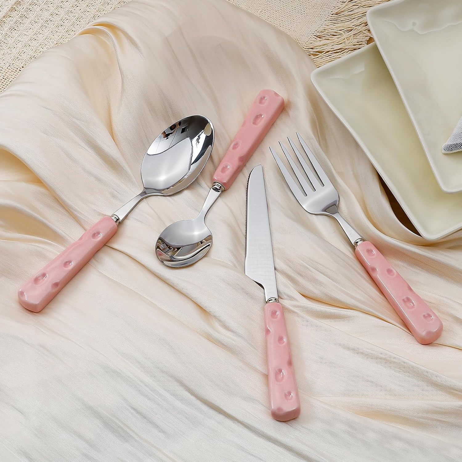 Koythin 4-Piece Stainless Steel Cutlery Set, Pink Cheese Ceramic Flatware image 5