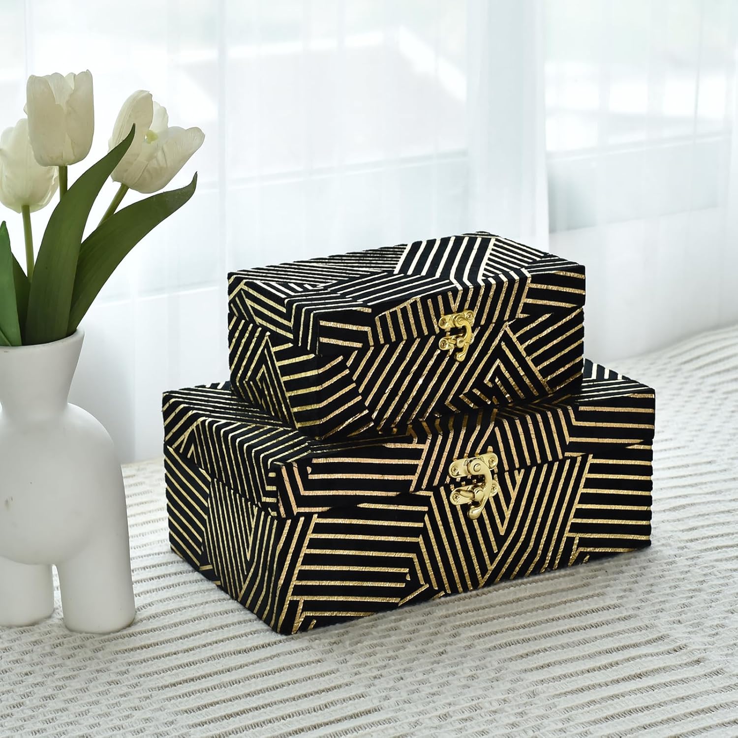 Velvet Decorative Boxes Storage Accessory Organizer with Gold Stripe Set of 2, Black