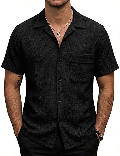 Mens Casual Button Down Short Sleeve Shirt Textured Vacation Summer