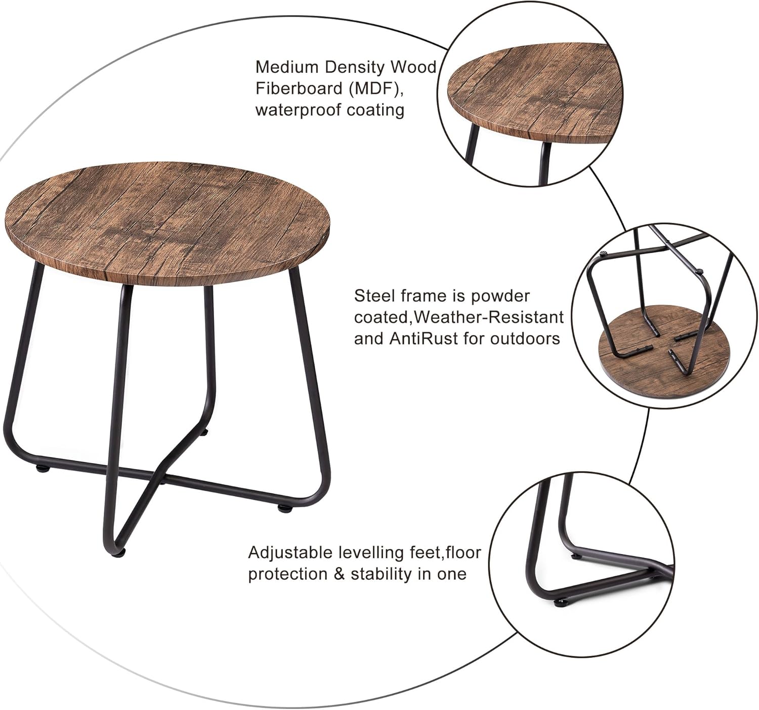 VECELO 17.7 inch Small Round Outdoor Side Table,Patio End Table,Waterproof Wood Table with Weather Resistant Steel Adjustable Feet for Living Room Bedroom Garden Yard Balcony Porch Poolside