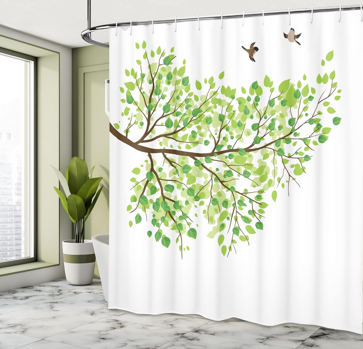 Ambesonne Hummingbird Shower Curtain, Spring Branch of Hummingbirds in Seasonal Vivid Colors Spring Freedom Nature Watercolor Look, Cloth Fabric Bathroom Set with Hooks, 69" W x 75" L, White Brown