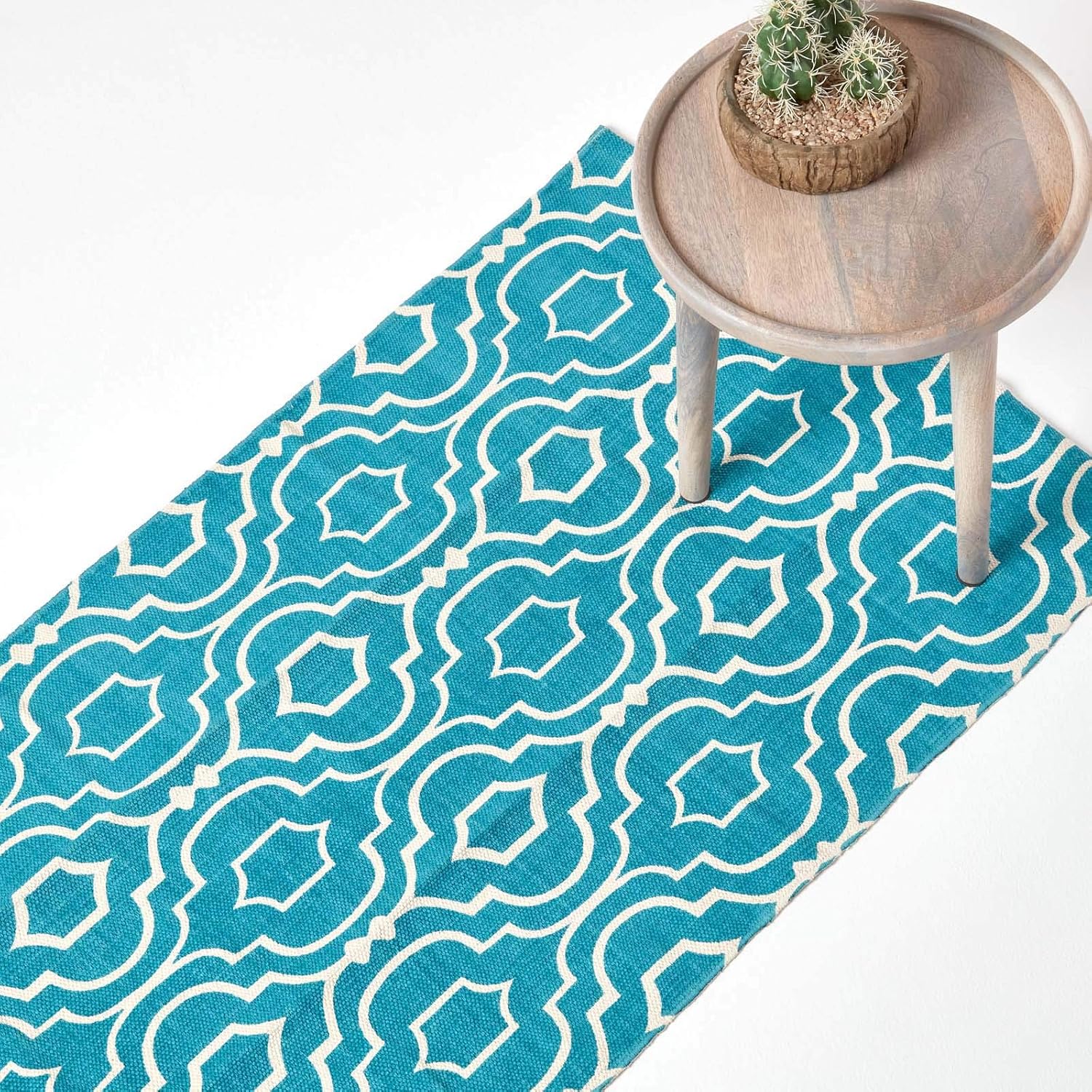 HOMESCAPES Geometric Printed Hallway Runner 'Riga' 100 Cotton Teal