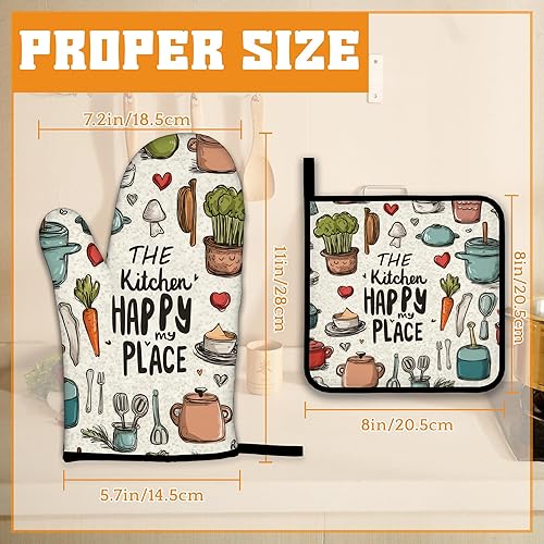 Miniatura 2 de Guantes de horno y soportes para ollas, The Kitchen is My Happy Place, resistentes al calor, guantes y soporte para ollas para decoración del hogar,