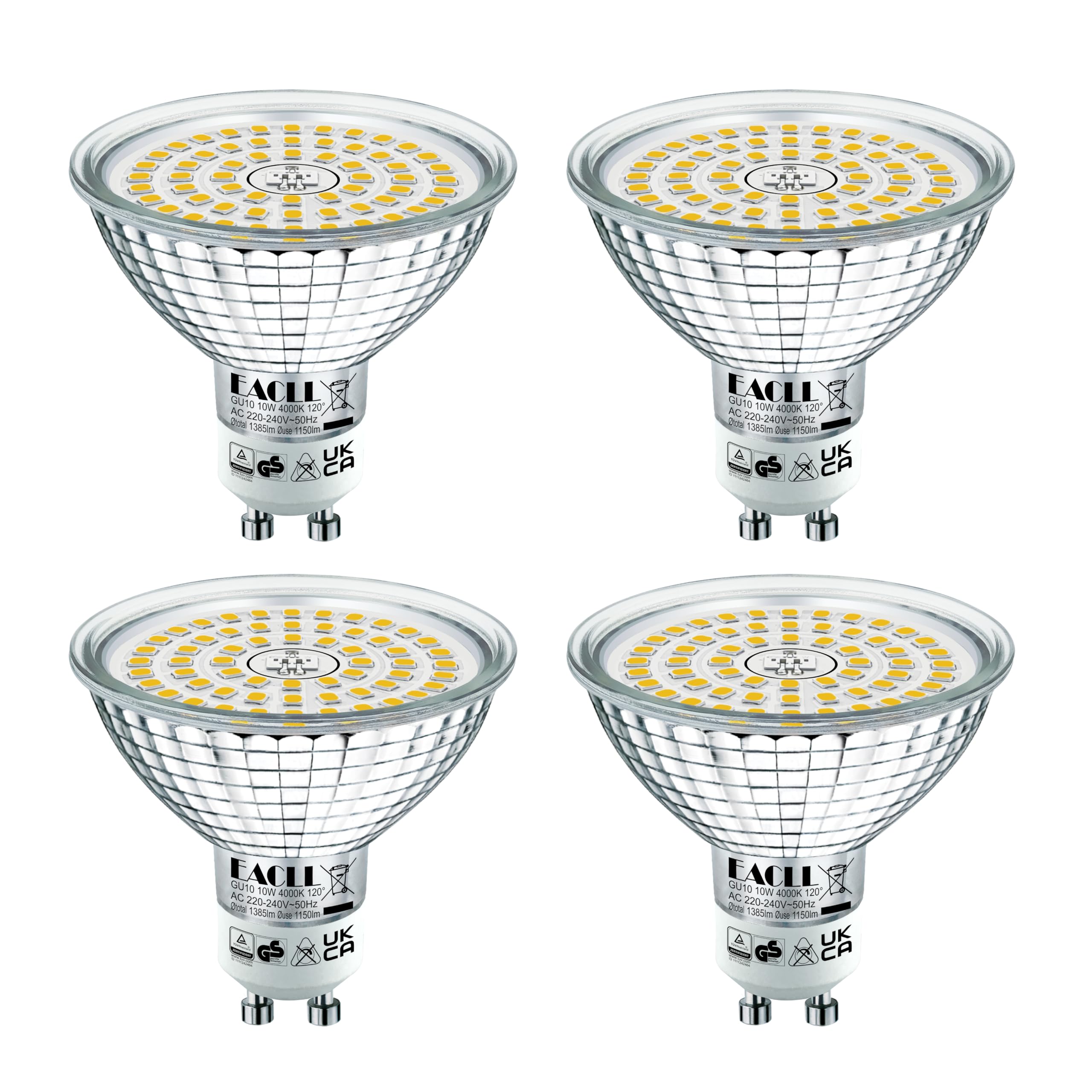 EACLL GU10 LED 4000K 10W Ersetzt 120W Halogen Leuchtmittel, 4er-Pack. Neutralweiss 1150 Lumen Birnen, AC 230V Flimmerfrei Strahler, Abstrahlwinkel 120° Spot, Nicht Dimmbar Ø63xH60mm Reflektorlampen