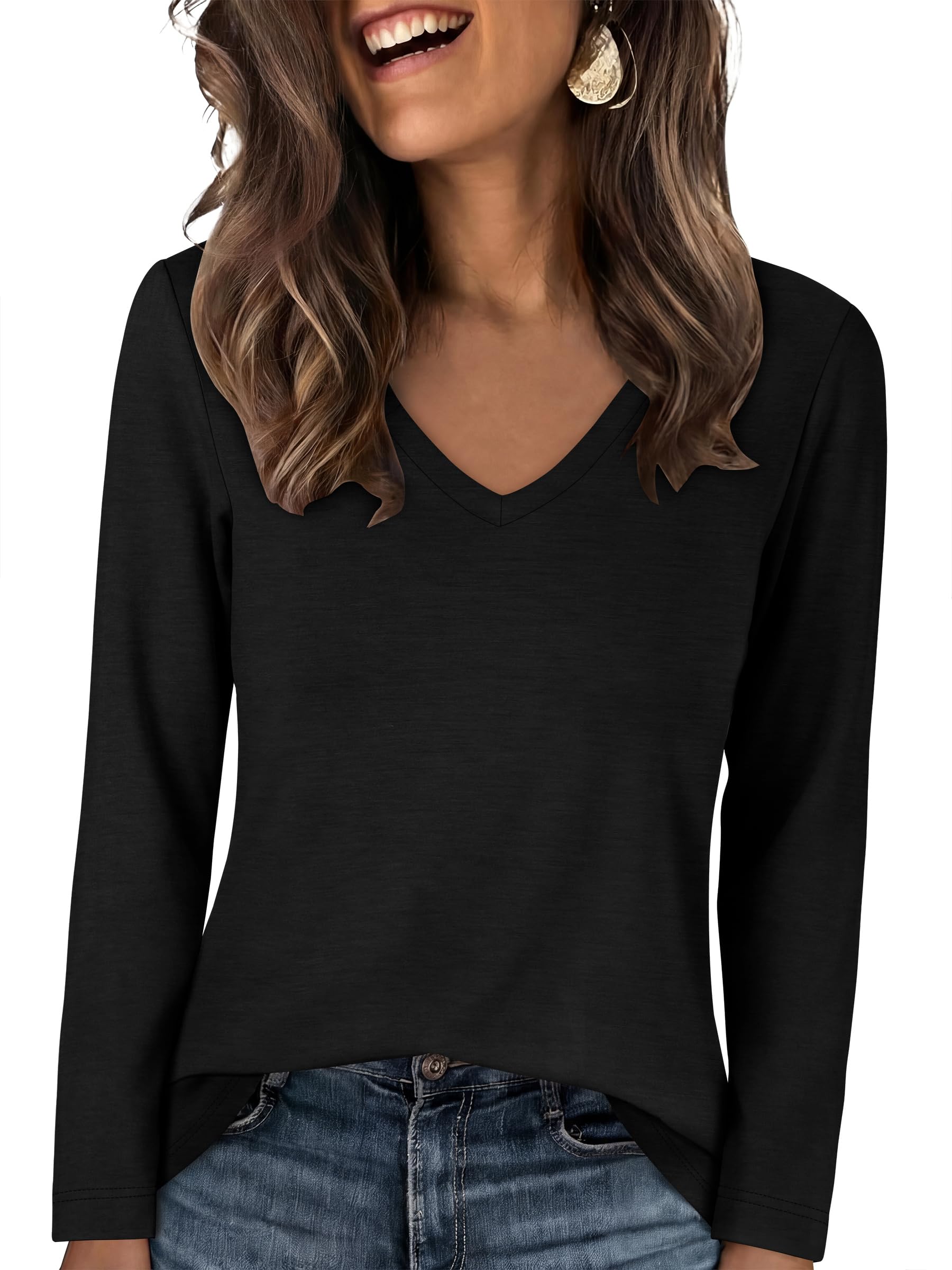 ANRABESS Long Sleeve Shirts for Women Wrinkle Free V Neck Fall Top