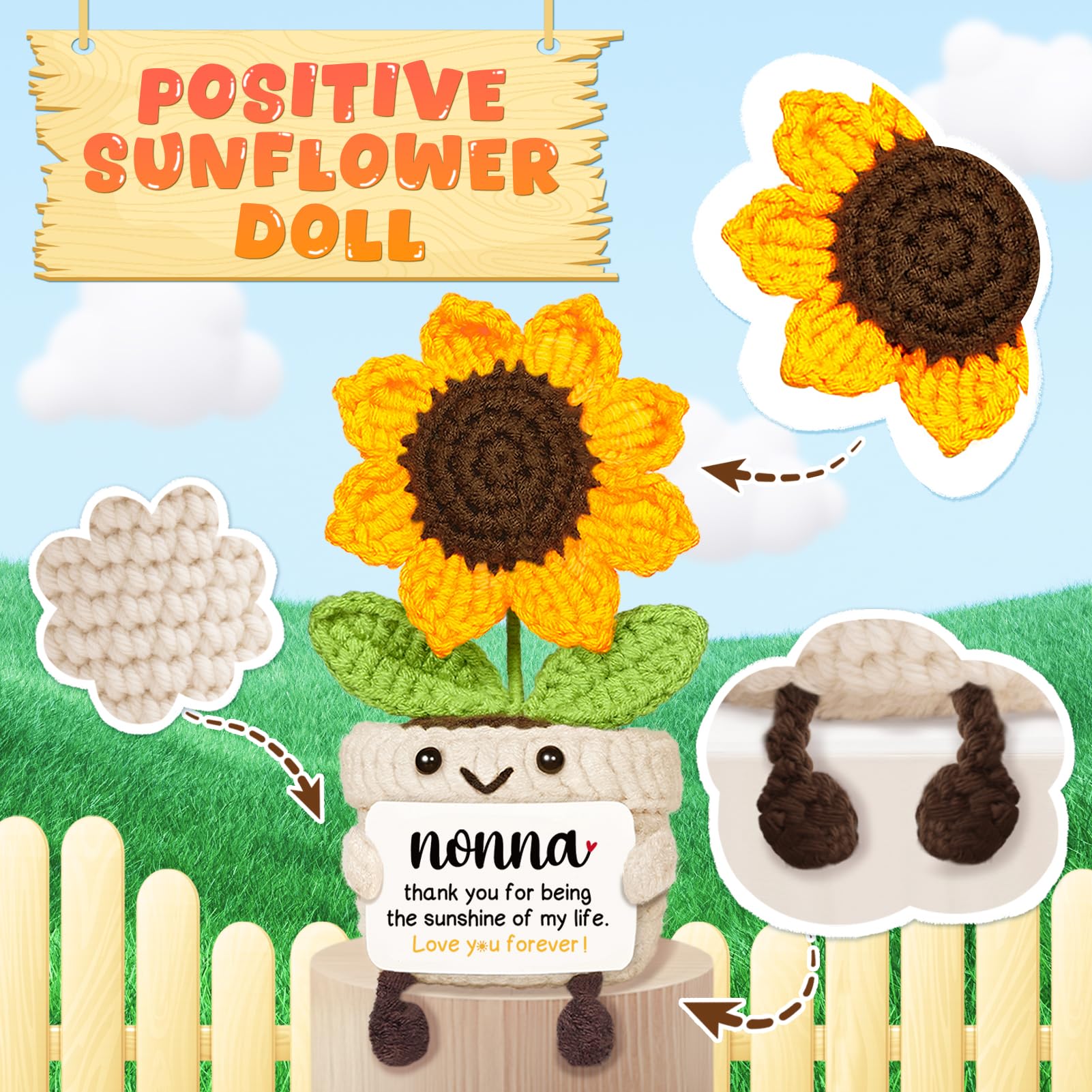 AceThrills Nonna Gifts, Nonna Birthday Gifts - Handmade Crochet Funny Cute Sunflower, Gifts for Nonna from Grandchildren, Present for Nonna on Birthday Christmas Mother's Day