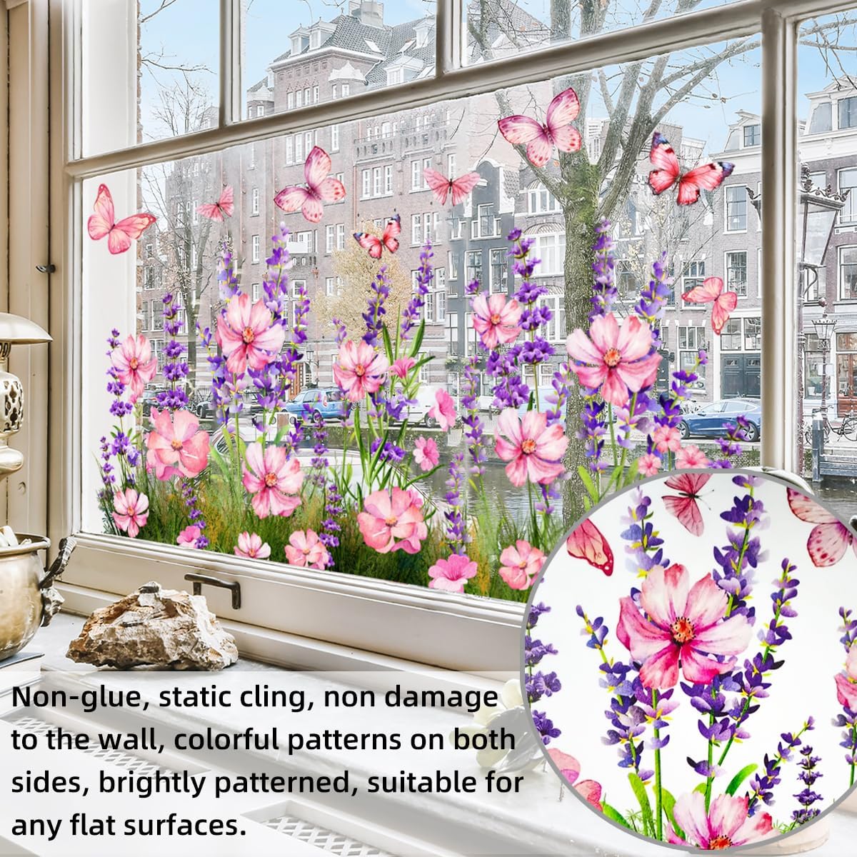 Colorful Flower Window Clings Summer Wildflower Window Stickers Double-Sided Spring Garden Floral Bouquet Window Cling Butterfly Grass Glass Decals for Bedroom Living Room Office Decor Home Decoration