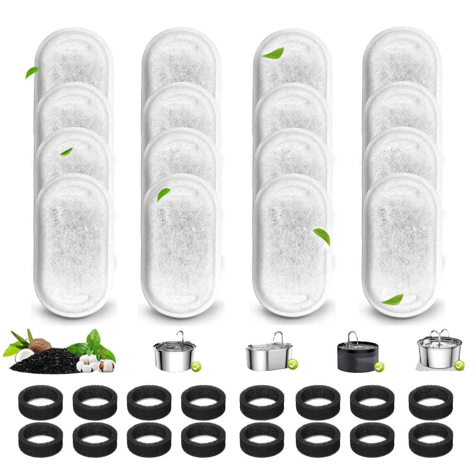 TuTuYa 32PCS Cat Water Fountain Filter, 16 Pack Cat Fountain Filter Replacement with 16 Sponges, for 108oz/3.2L & 67oz/2L Stainless Steel Pet Water