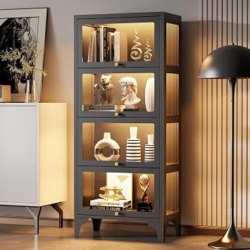 Lucky Monet 4 Tier Curio Display Cabinet with 13-Color LED Lights & Flip-Up Glass Doors, 3-Side Glass Lighted Display Case for Collectibles, Figures, Books, 55" Metal Storage Cabinet, Black