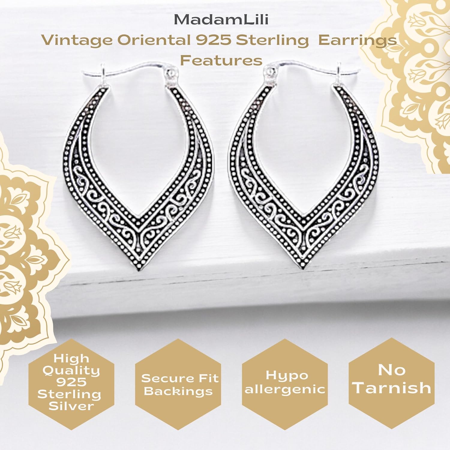 Madamlili 925 Sterling Silver Earrings | Vintage Moroccan Design | Elegant Bohemian Dangle Earrings | Antique & Matte Brushed | Lightweight & Hypoallergenic | Gift for Women