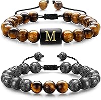 Vista 1 de M MOOHAM Bracelets for Mens Christmas Gifts - 8mm Natural Stone Initial Bracelet for Men Lava Rock Tiger Eye Bracelets Unique Anniversary Christmas