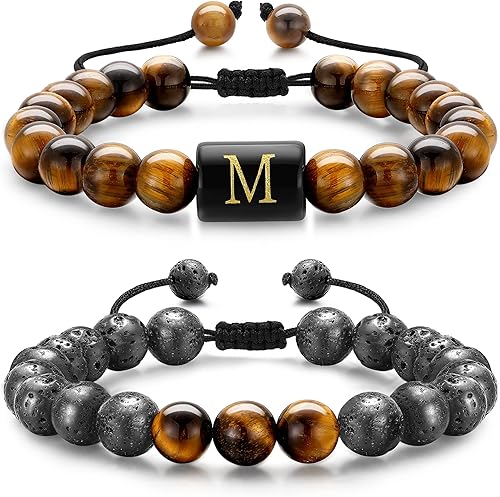 M MOOHAM Bracelets for Mens Christmas Gifts - 8mm Natural Stone Initial Bracelet for Men Lava Rock Tiger Eye Bracelets Unique Anniversary Christmas