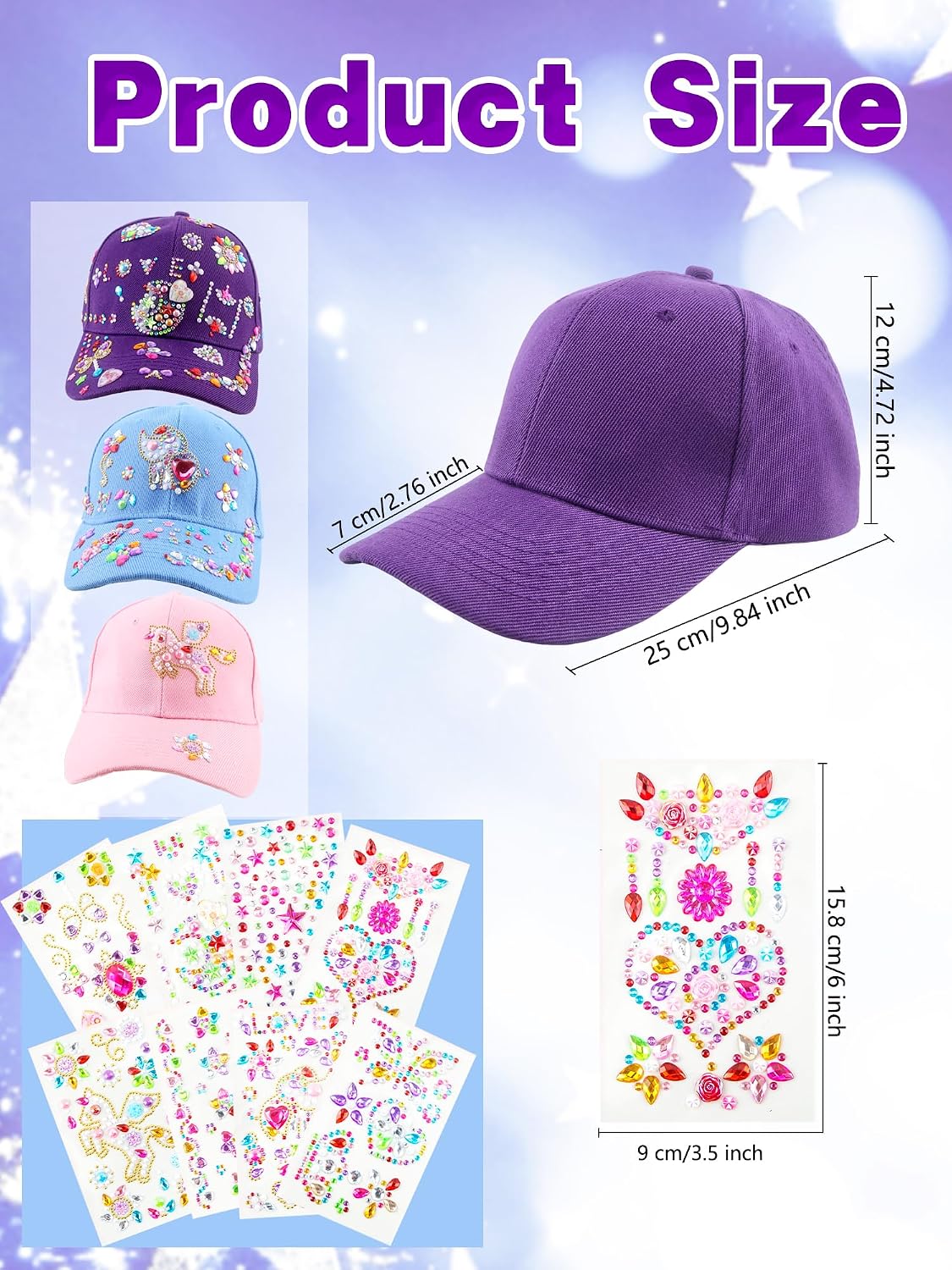 Skyebed 3 Pack Easter Gifts Crafts for Girls DIY Baseball Cap Decorate Your Own Baseball Cap with Cute Gems Stickers Arts for Girls Back to School Birthday Christmas Gifts