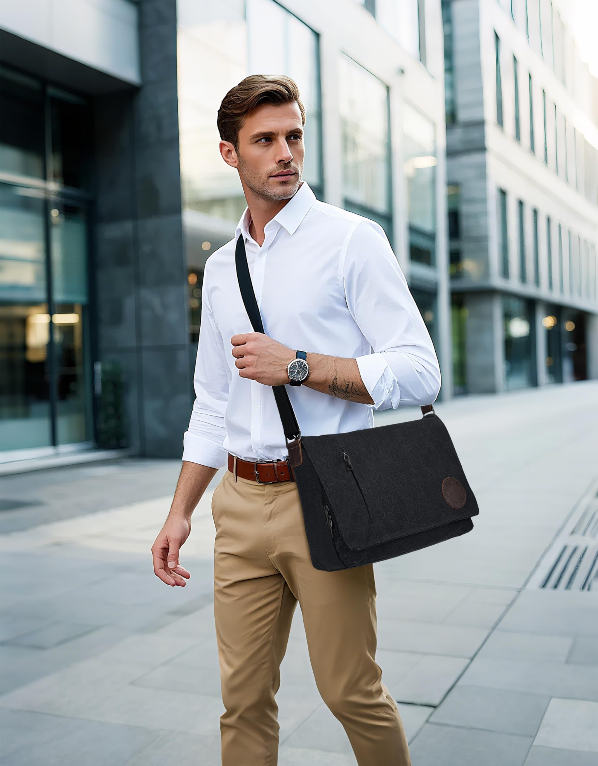 Leathario Besace Homme en Toile et Cuir Véritable, Sacs d'épaule Sac Bandoulière Rétro Vintagepour Travail Voyage Loisirs Bureau Université Ecole