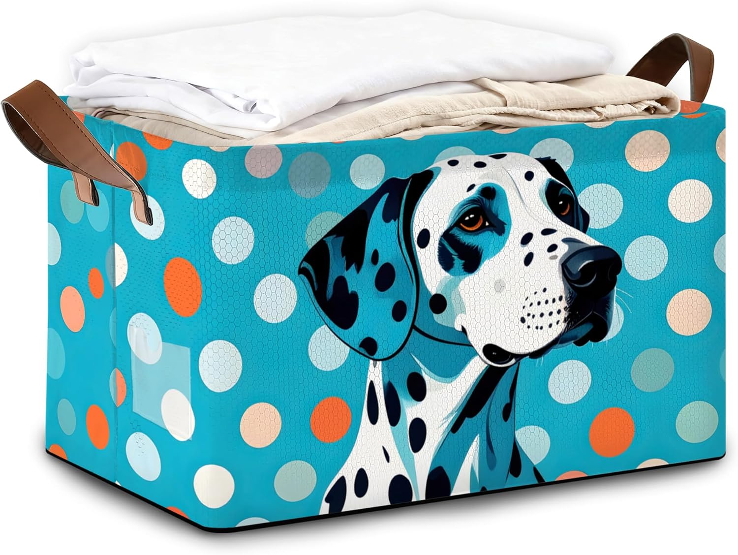 Blue-Spotted Dog Storage Bins with Handles, Oxford Fabric Storage Basket with Sturdy Frame, Foldable Closet Organizer for Clothes Towels Blankets Shelf Storage