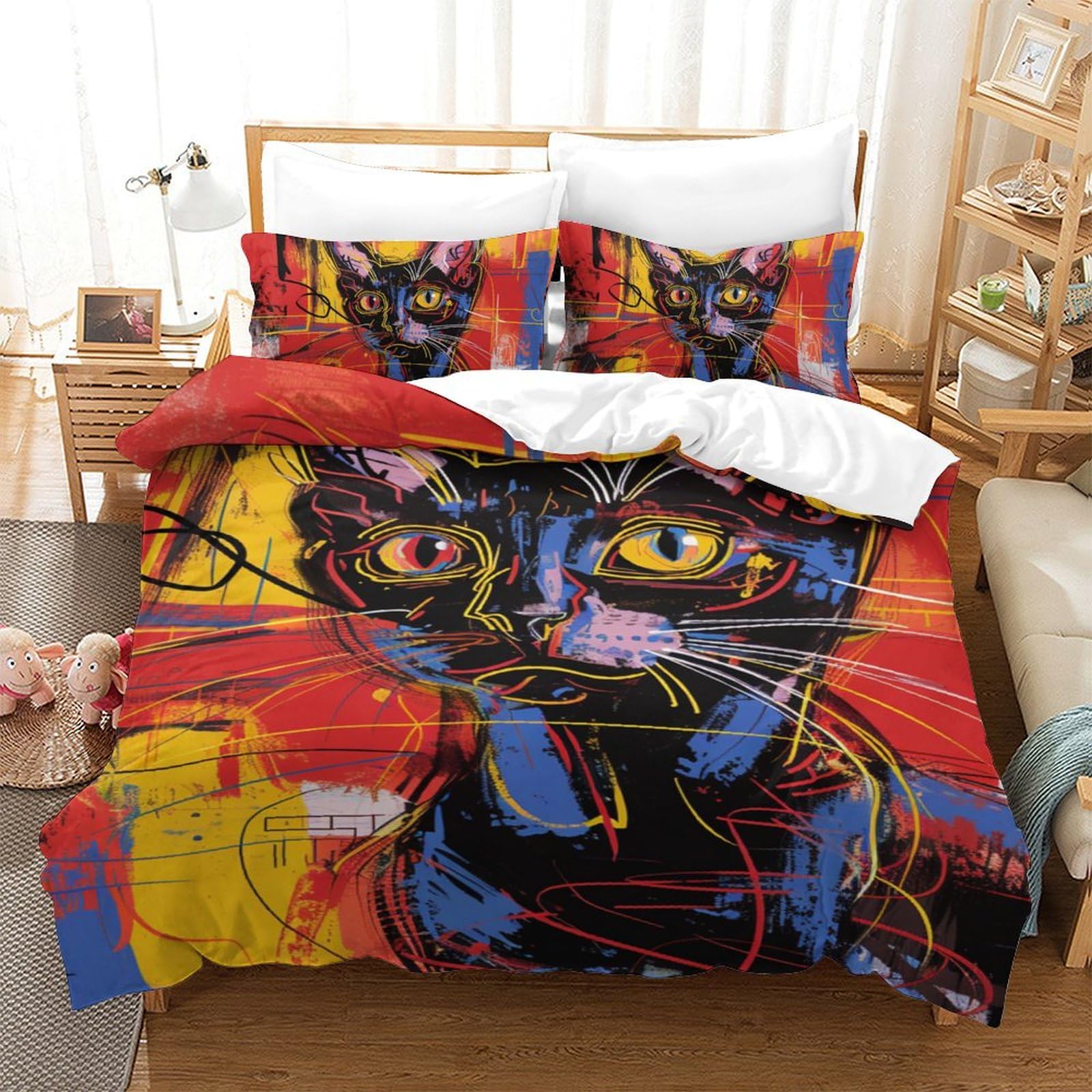 Parure de lit chat 3D 3 pièces 140x200 housse de couette microfibre avec zip