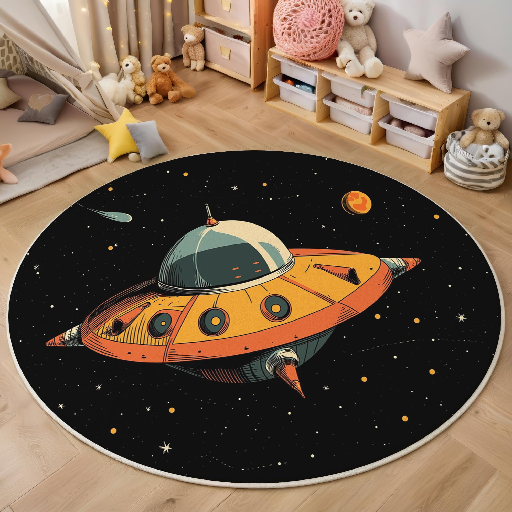 Tapis de zone ronde vaisseau spatial orange lavable et doux