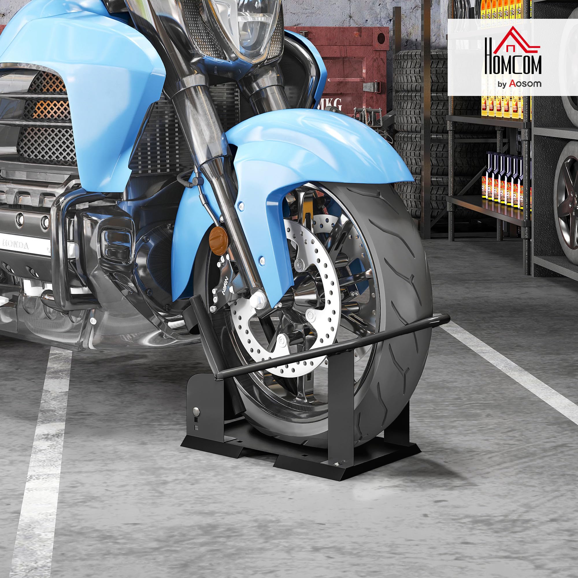 HOMCOM Caballete de Moto Delantera Carga 816,5 kg Robusta 3 Niveles Negro | Soporte para Rueda Delantera de Motocicleta, Altura Ajustable, para Ruedas Ø38,1-53,34 cm