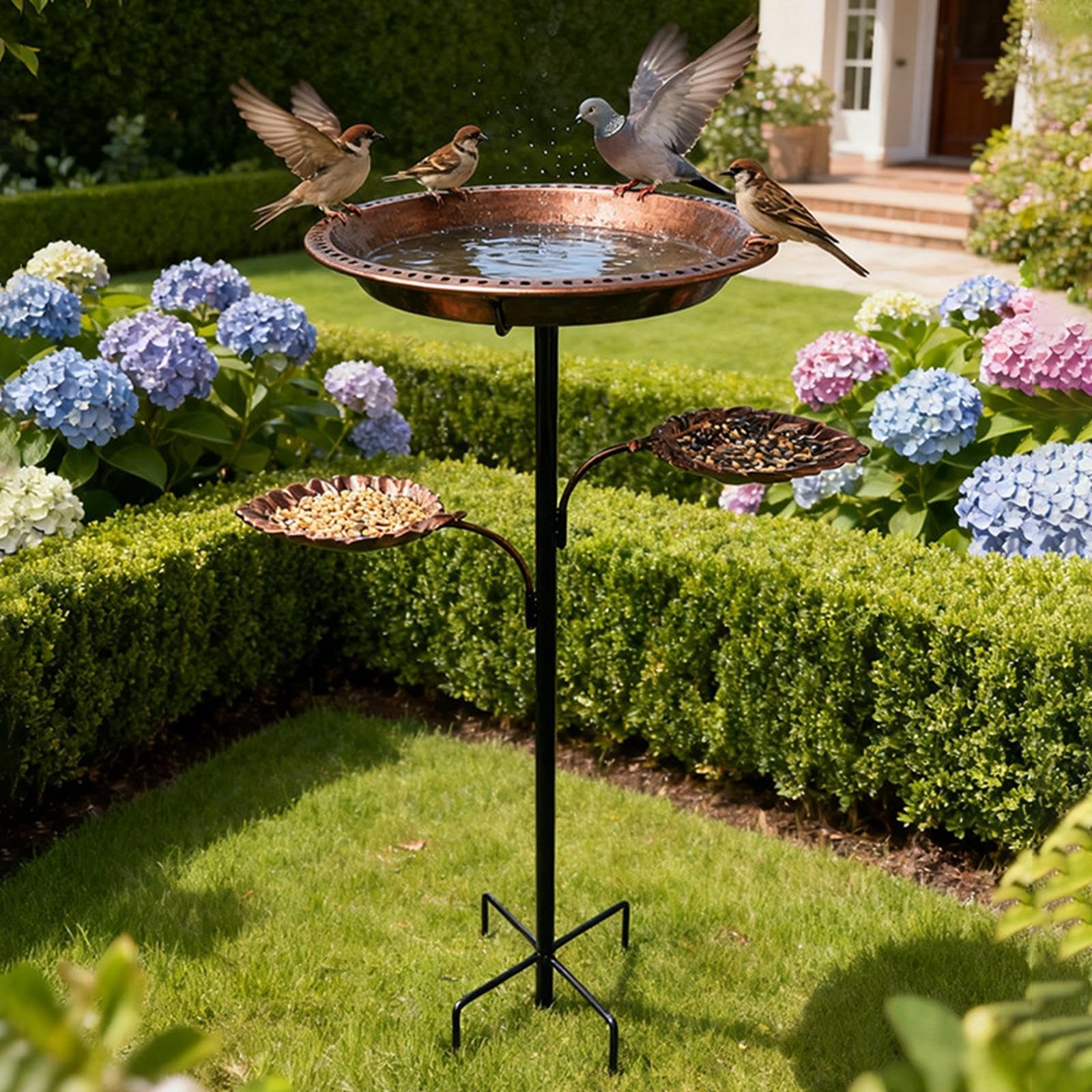 Fenteer Bebedero para pájaros de exterior, comedero metálico, resistente y estable, multifuncional, ideal para decorar el jardín. Incluye estaca de 5 puntas