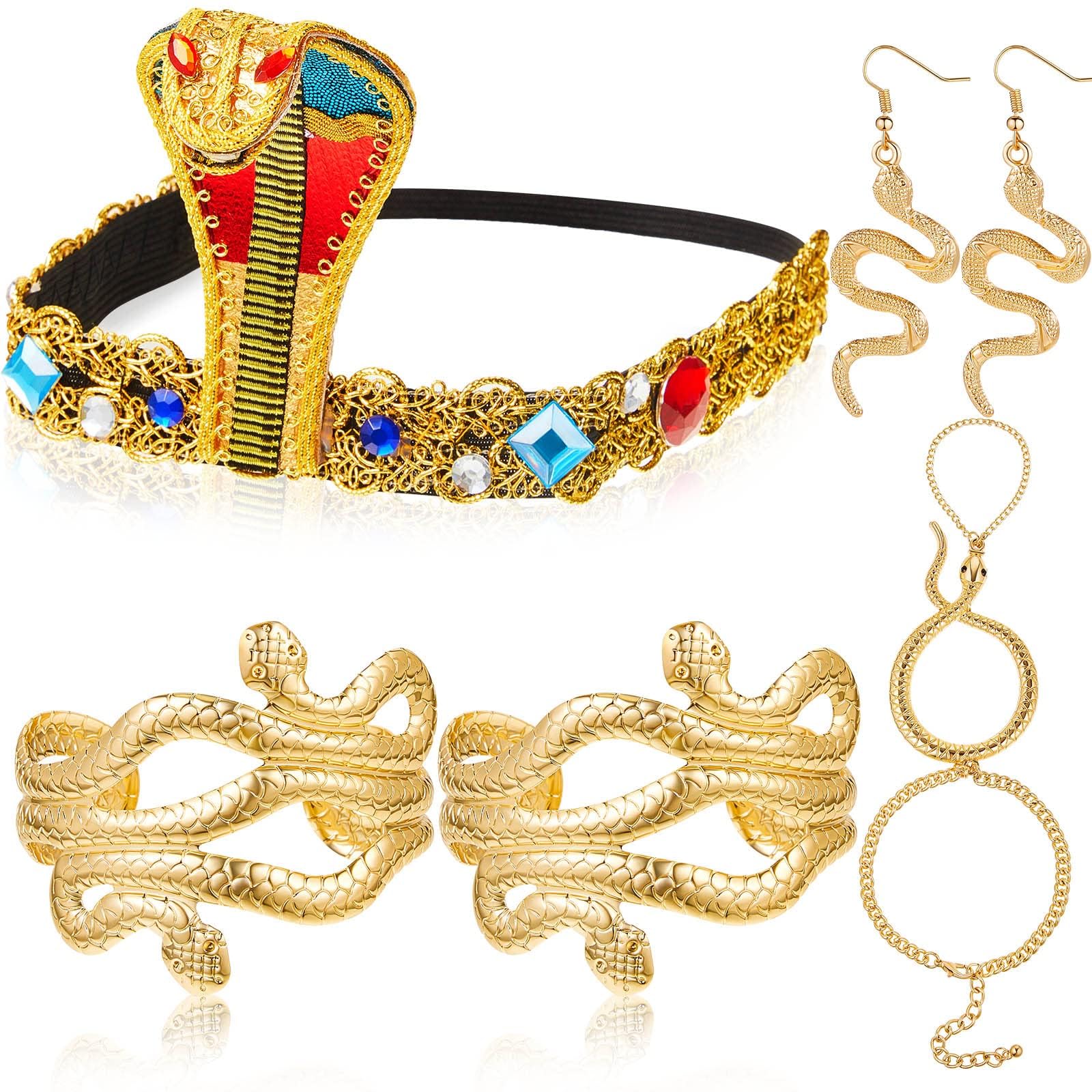 Egyptian Costume Accessories, 5 Pcs Metal Headpiece, Snake Bracelet, Earrings for Egypt Cosplay