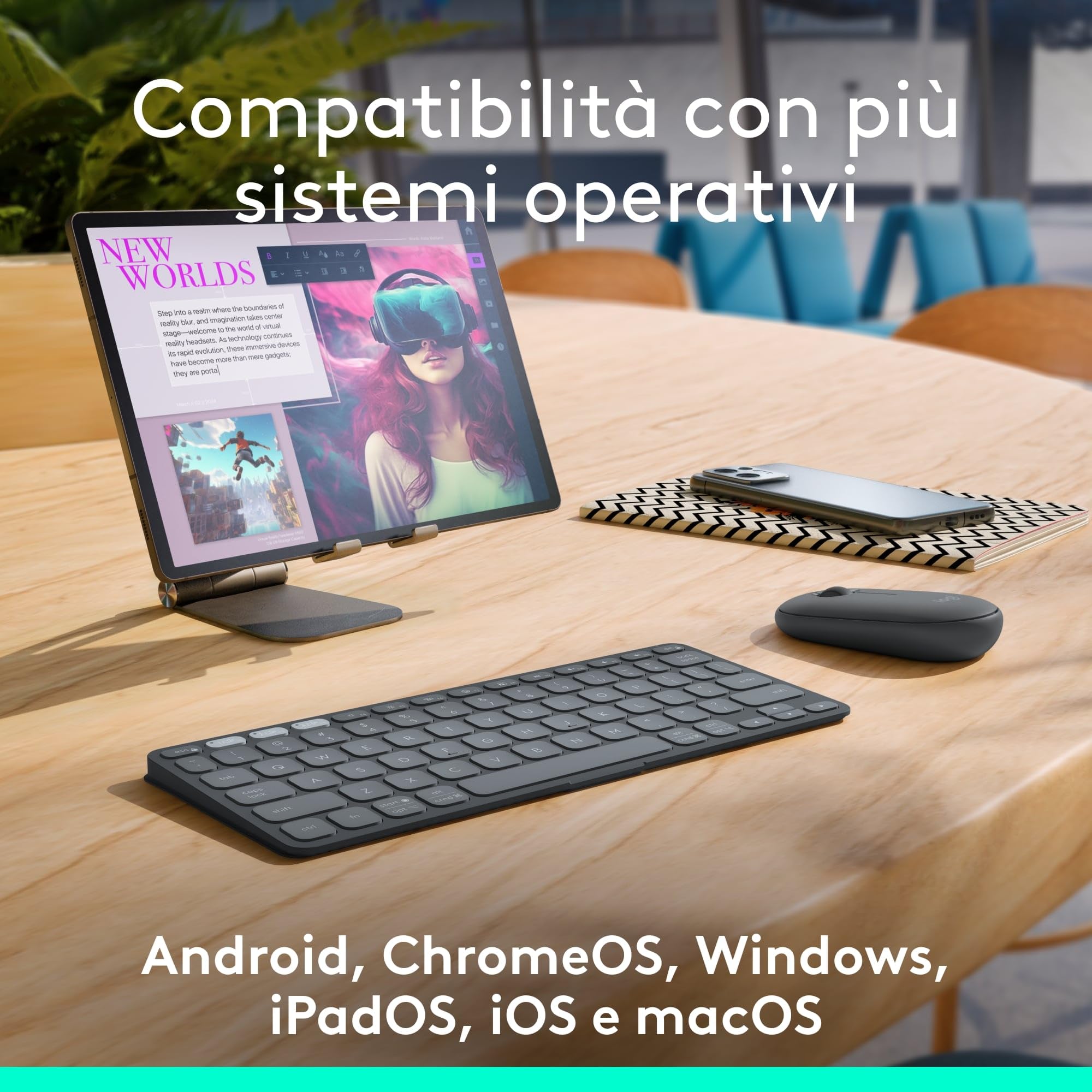 Logitech Keys-To-Go 2, tastiera Bluetooth portatile per tablet (Grafite) | Coperchio integrato, wireless, sottile, compatta per Windows, Android, Linux, iPad, iPhone, Mac, Apple TV, QWERTY ITA
